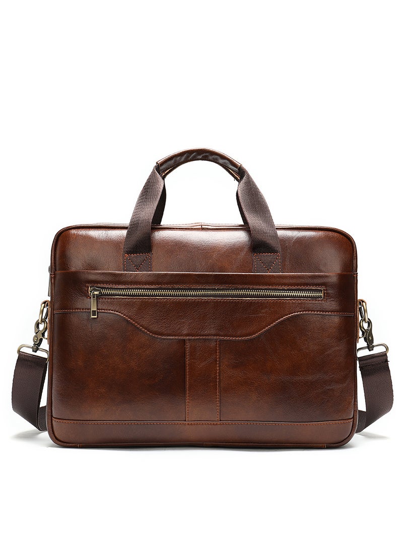 Genuine Leather Mens Briefcase Large Capacity Casual Messenger Bag Coffee