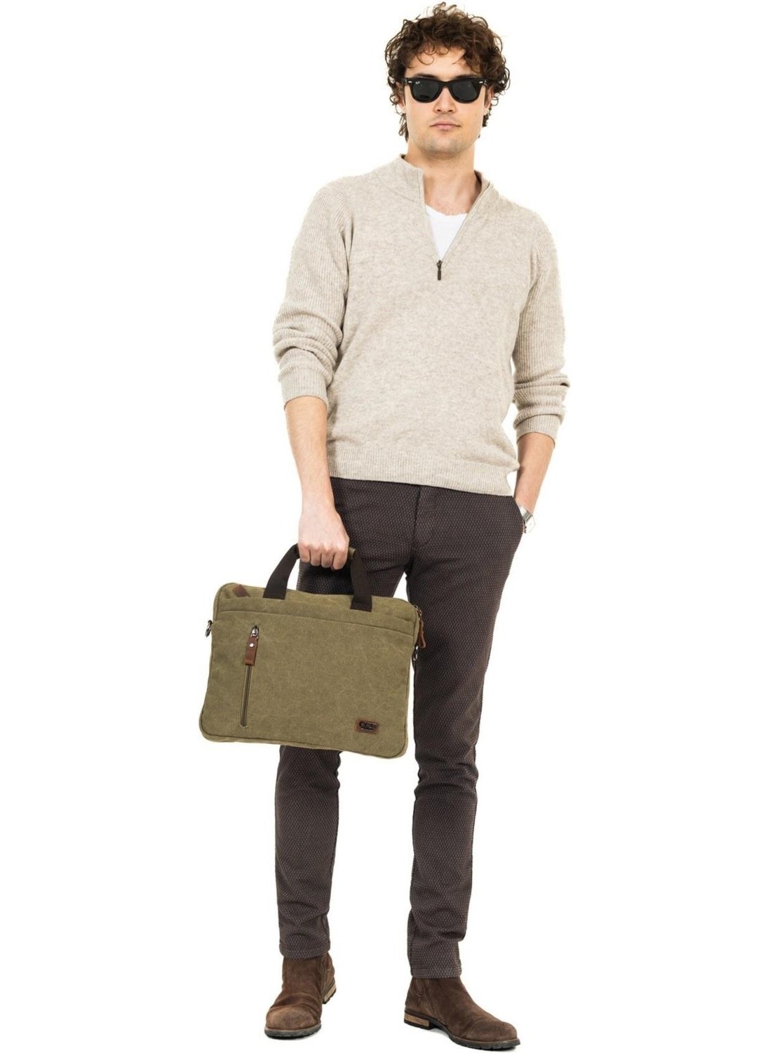 Necati Bag 15.6 Inch Thin Canvas Multi Compartment Laptop Briefcase Khaki