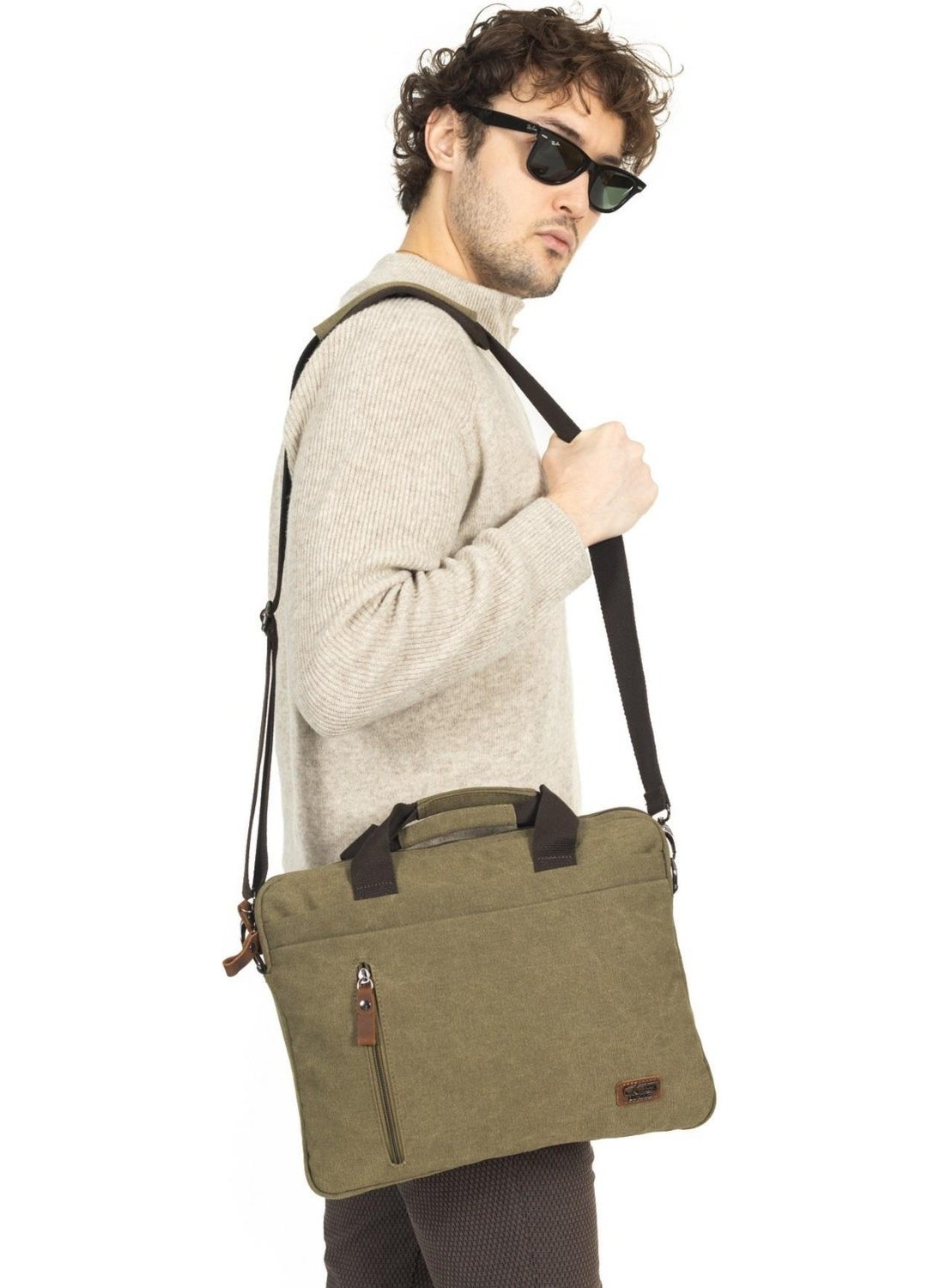 Necati Bag 15.6 Inch Thin Canvas Multi Compartment Laptop Briefcase Khaki