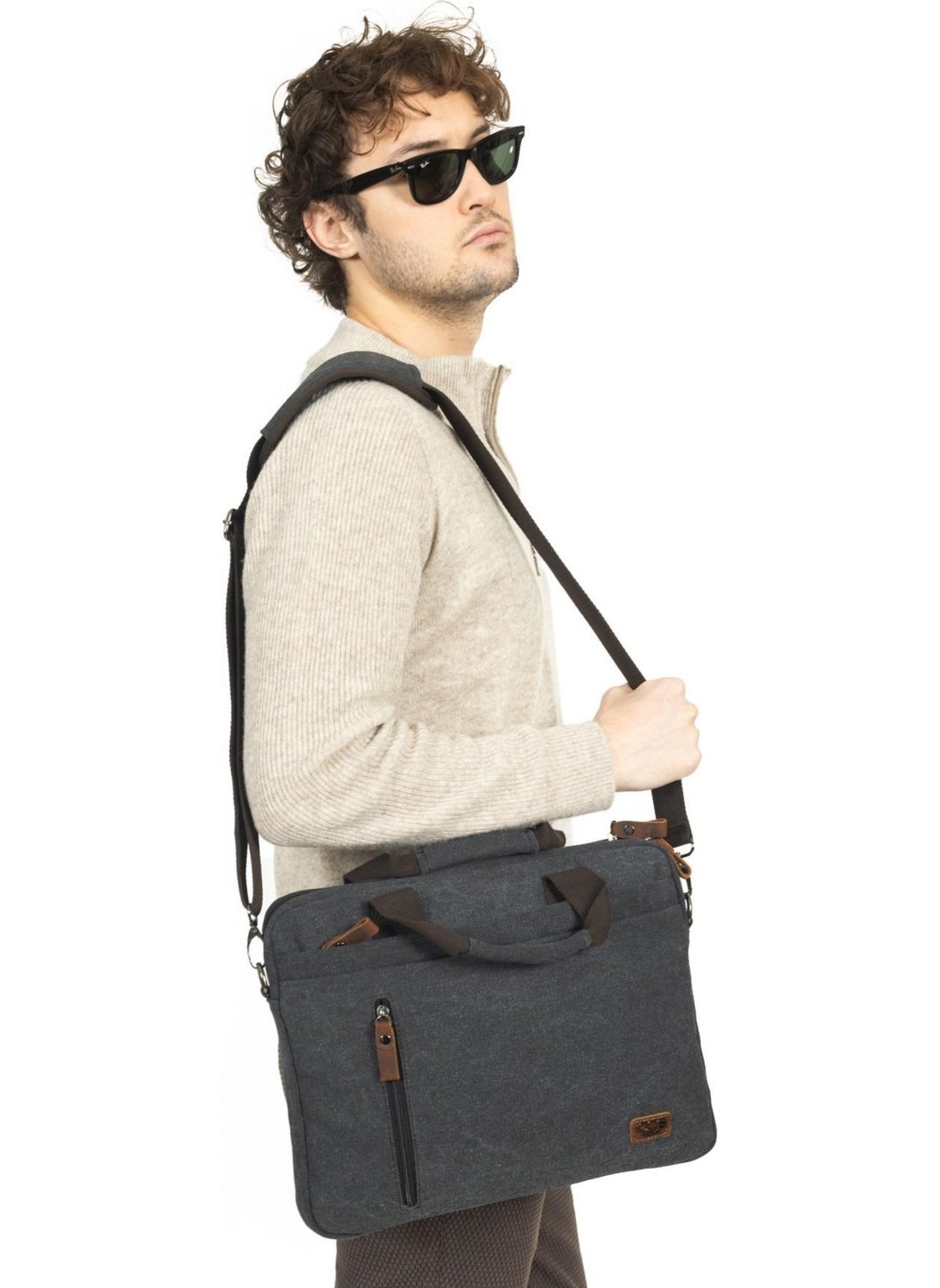 Necati Bag 15.6 Inch Thin Canvas Multi Compartment Laptop Briefcase Black