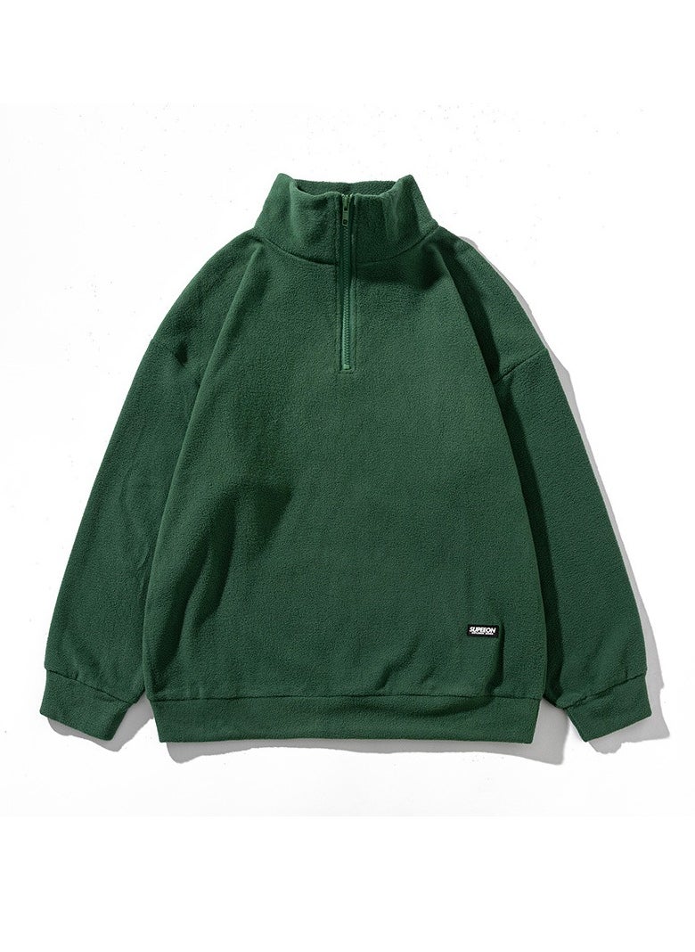 Top loose plush hoodie half open green hoodie