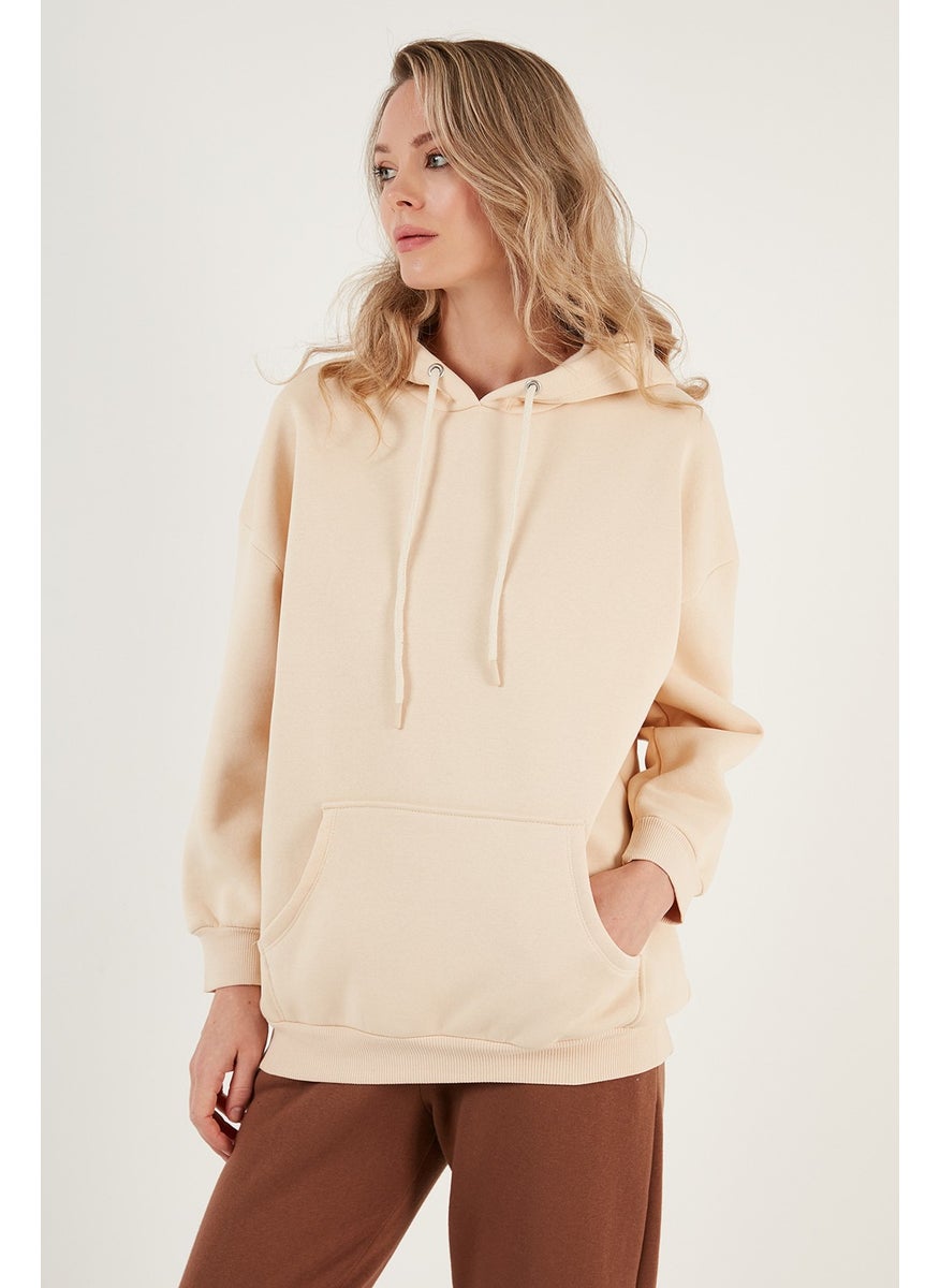 Regular Fit Cotton Hooded Collar Rose Winter Sweat Women's Sweat 5863854