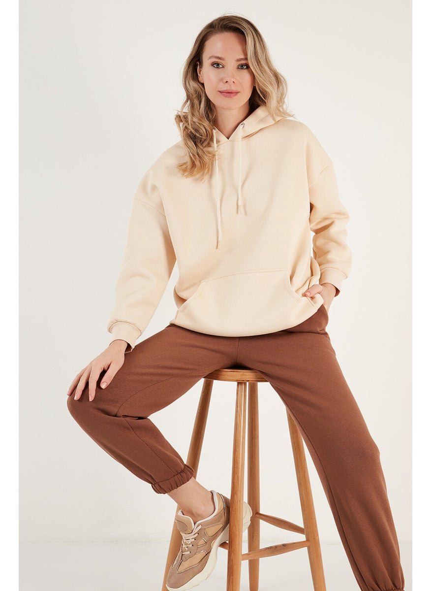 Regular Fit Cotton Hooded Collar Rose Winter Sweat Women's Sweat 5863854