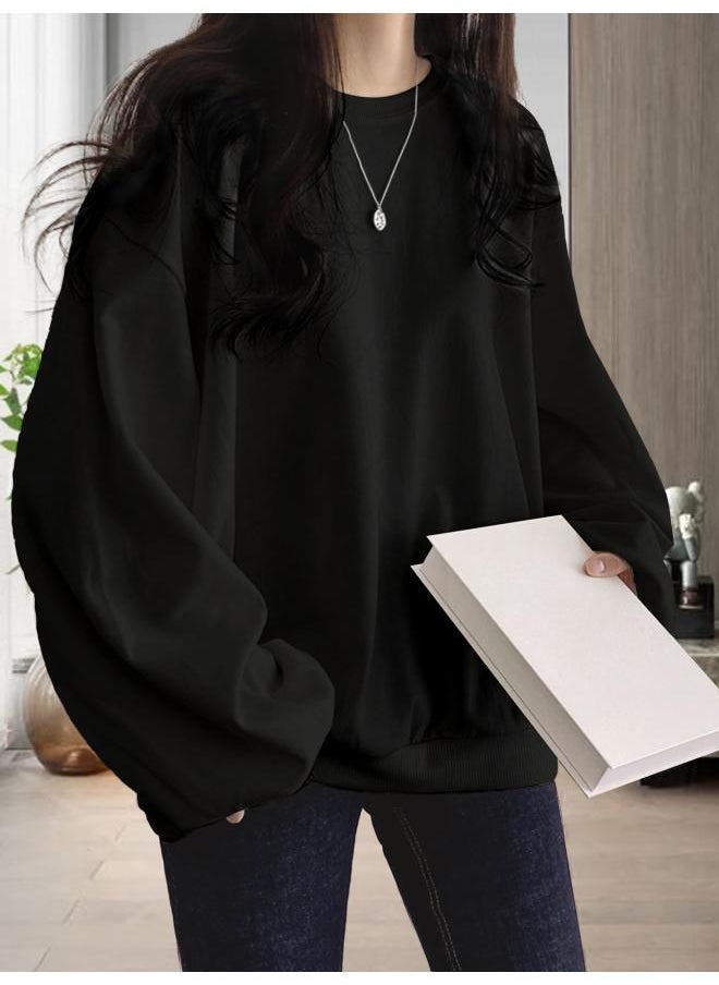 Spring New Slub Cotton Sweat Women's Clothing Loose Casual Solid Color Round Neck Pullover European Size Sweat Women