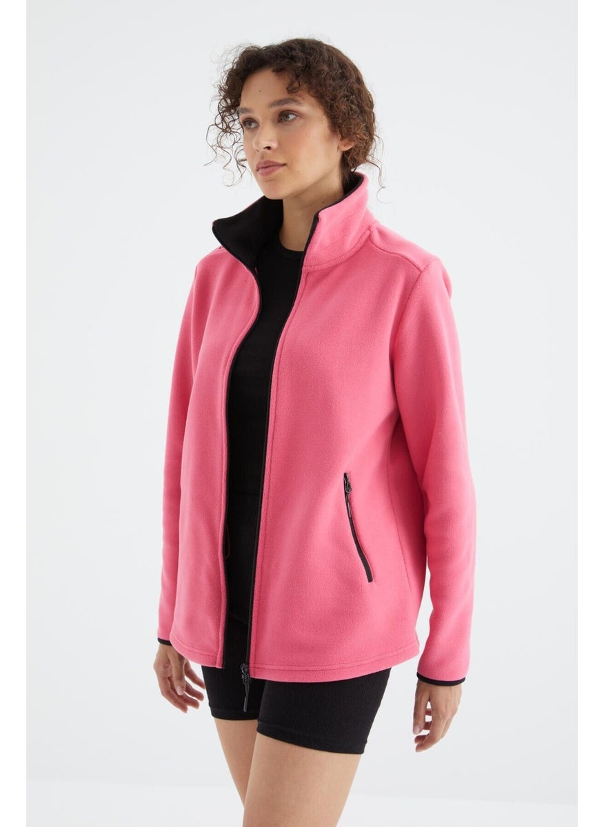 Fuchsia Stand Collar Zippered Comfortable Form Women's Polar Fleece Sweatshirt - 97173