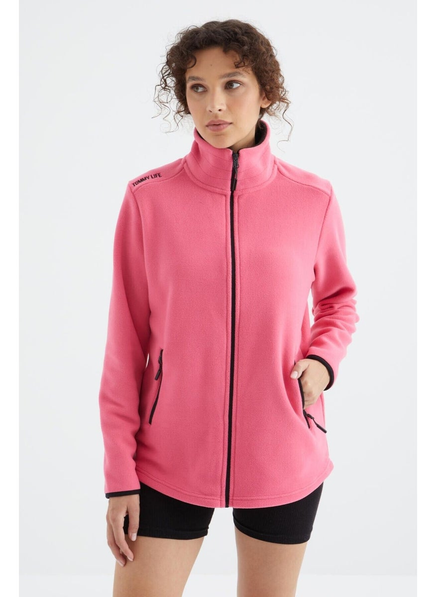 Fuchsia Stand Collar Zippered Comfortable Form Women's Polar Fleece Sweatshirt - 97173