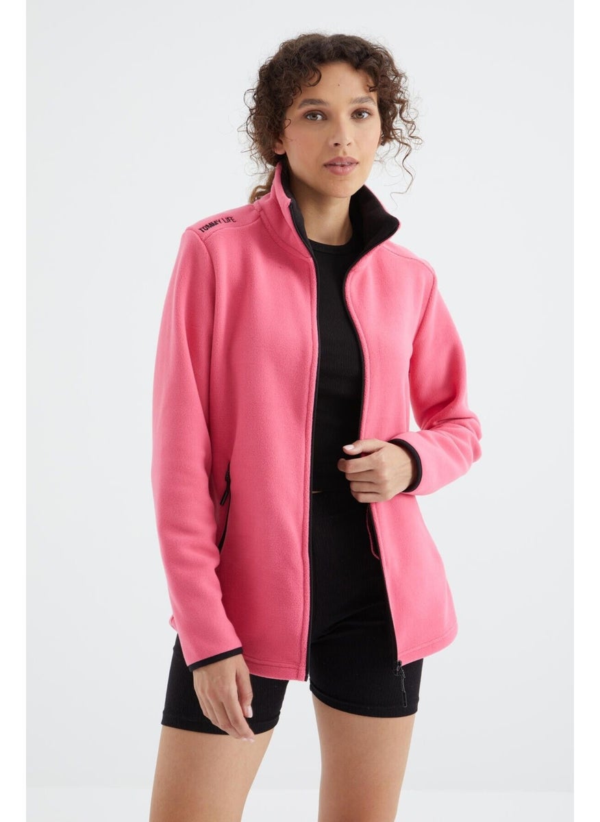 Fuchsia Stand Collar Zippered Comfortable Form Women's Polar Fleece Sweatshirt - 97173