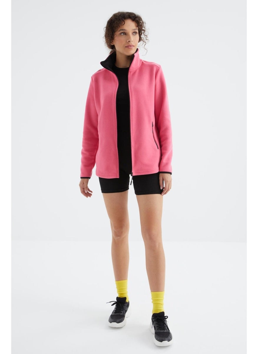 Fuchsia Stand Collar Zippered Comfortable Form Women's Polar Fleece Sweatshirt - 97173