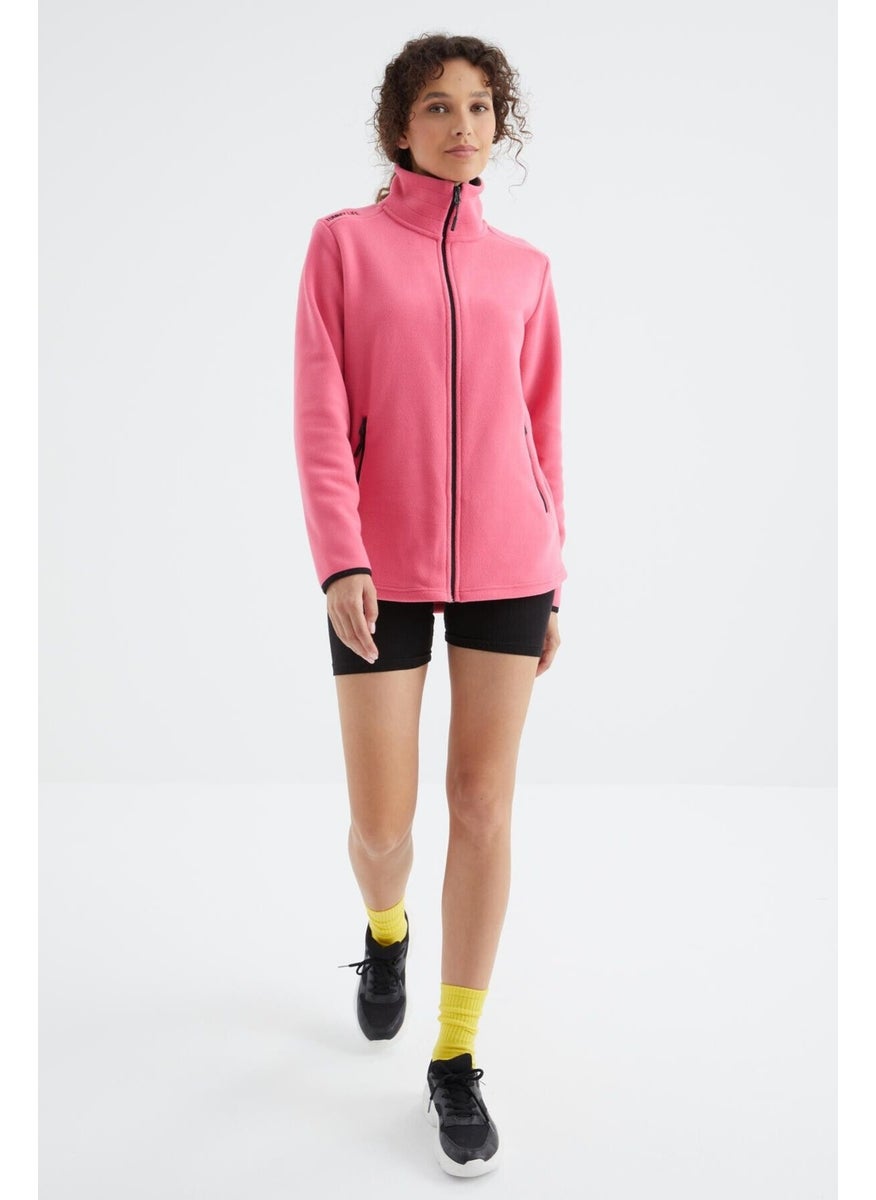 Fuchsia Stand Collar Zippered Comfortable Form Women's Polar Fleece Sweatshirt - 97173