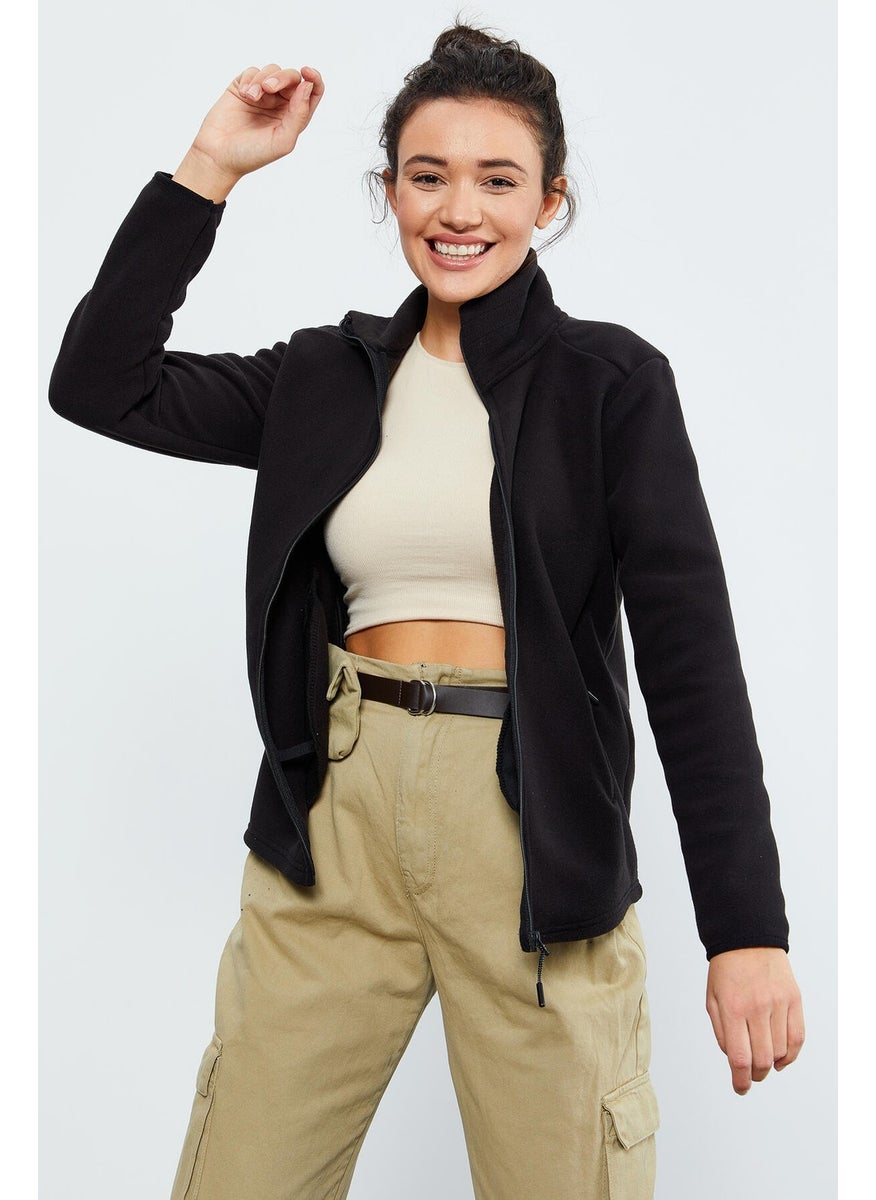 Black Women's Stand Collar Zippered Comfortable Fleece Sweatshirt - 97173