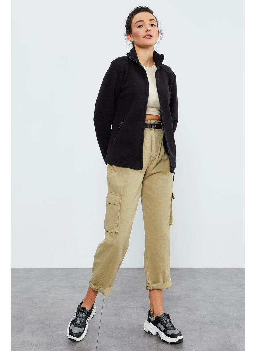 Black Women's Stand Collar Zippered Comfortable Fleece Sweatshirt - 97173