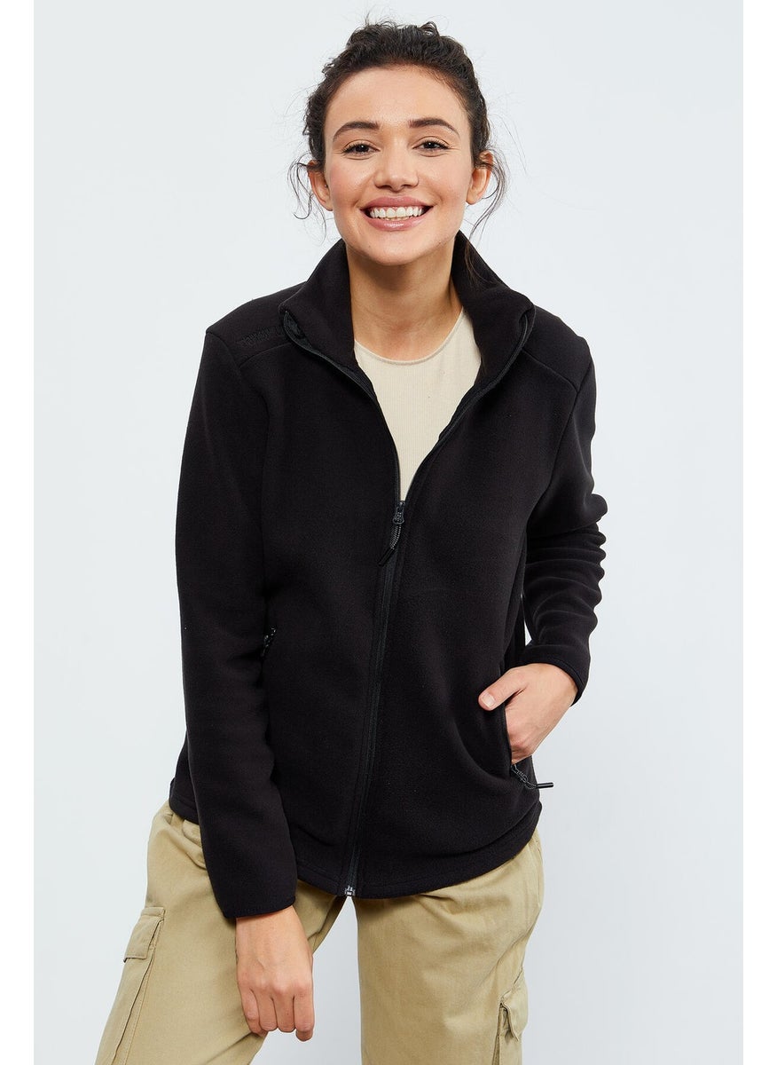 Black Women's Stand Collar Zippered Comfortable Fleece Sweatshirt - 97173