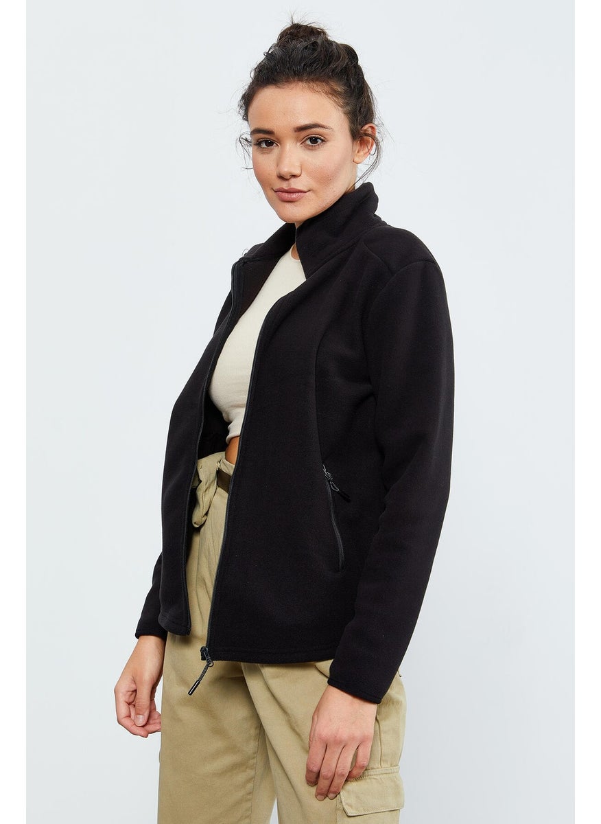 Black Women's Stand Collar Zippered Comfortable Fleece Sweatshirt - 97173