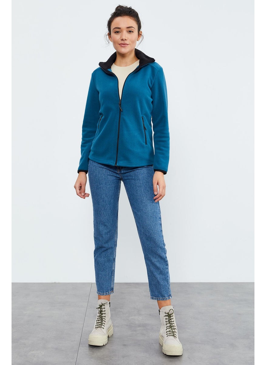 Emerald Stand Collar Zippered Comfortable Form Women's Polar Fleece Sweatshirt - 97173