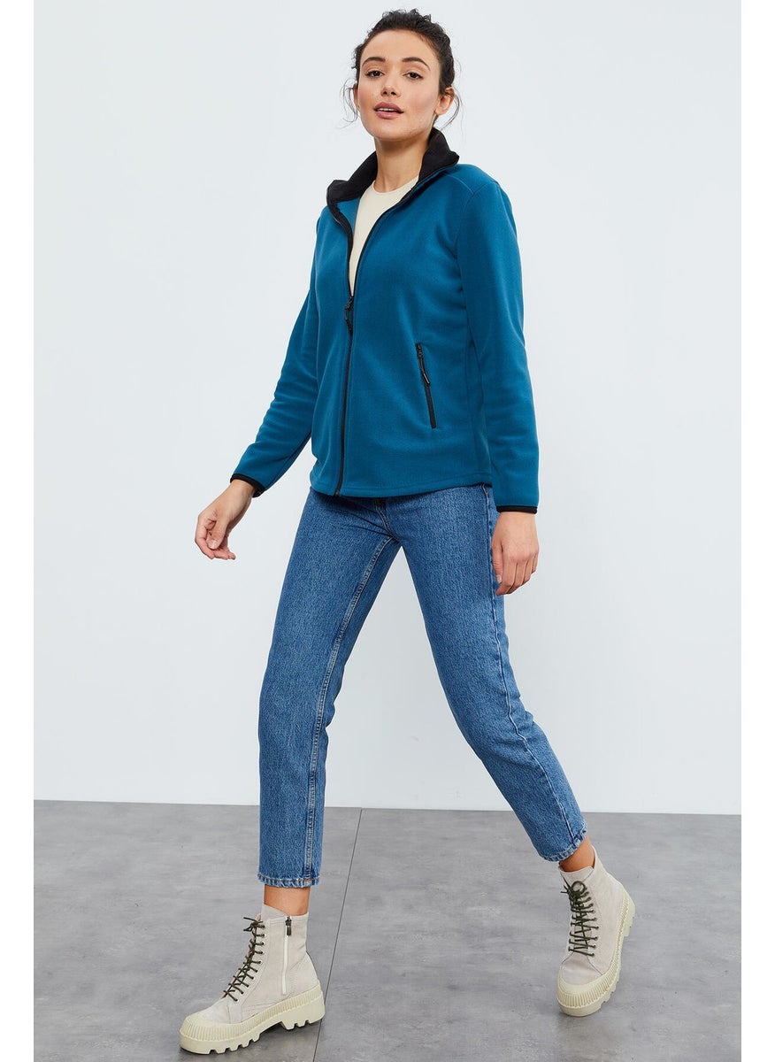 Emerald Stand Collar Zippered Comfortable Form Women's Polar Fleece Sweatshirt - 97173