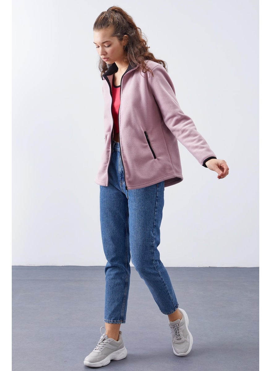 Tommylife Dusty Rose Women's Stand Collar Zippered Comfortable Fleece Sweatshirt - 97173