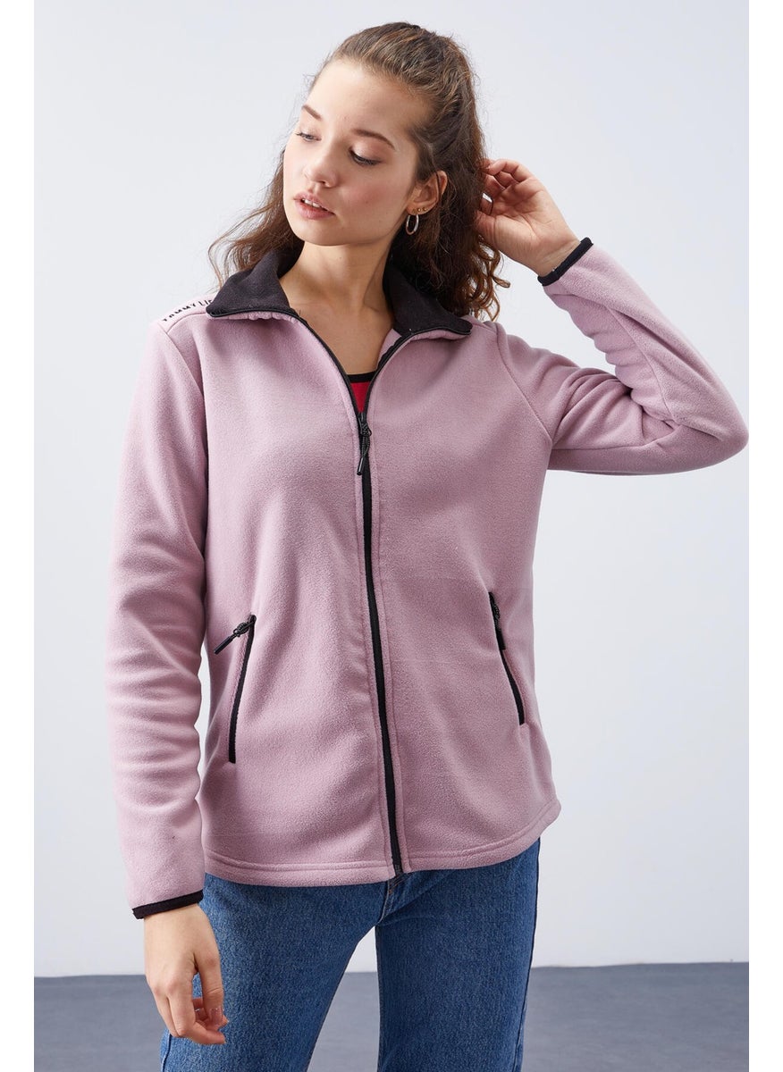 Tommylife Dusty Rose Women's Stand Collar Zippered Comfortable Fleece Sweatshirt - 97173