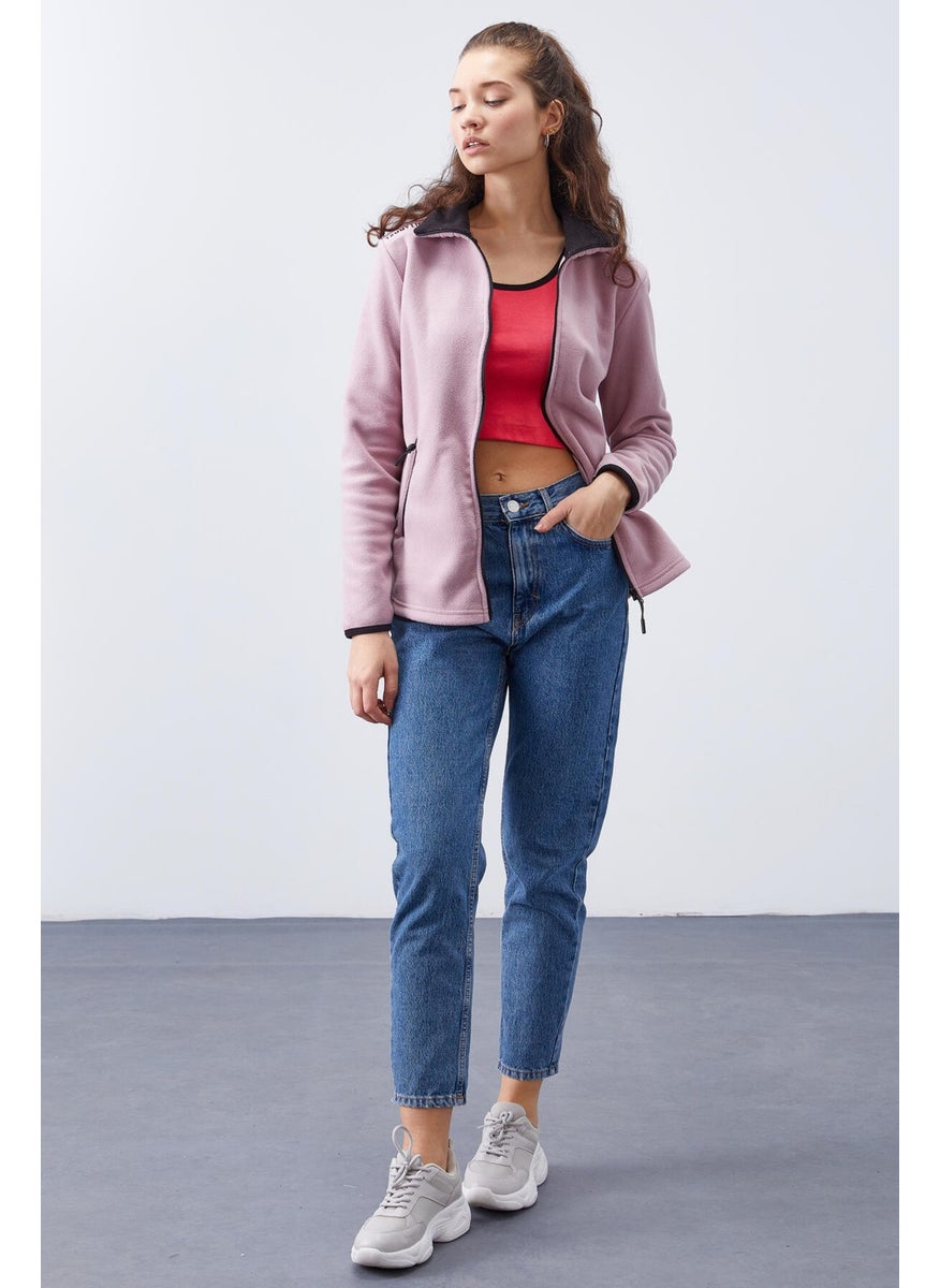 Tommylife Dusty Rose Women's Stand Collar Zippered Comfortable Fleece Sweatshirt - 97173