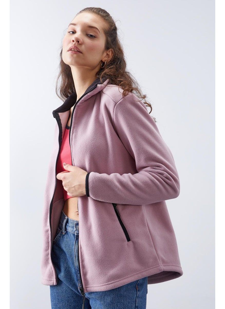Tommylife Dusty Rose Women's Stand Collar Zippered Comfortable Fleece Sweatshirt - 97173