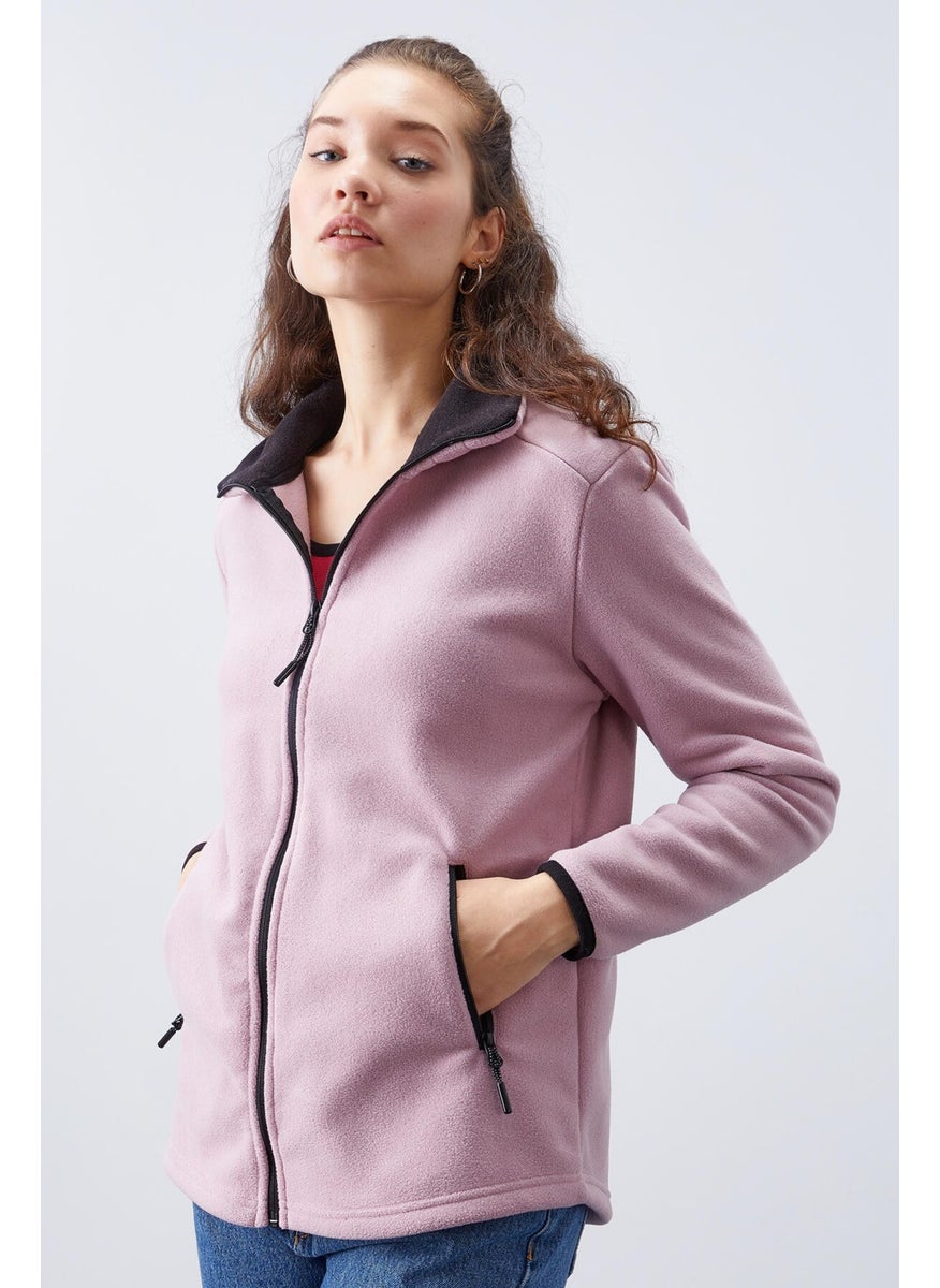 Tommylife Dusty Rose Women's Stand Collar Zippered Comfortable Fleece Sweatshirt - 97173