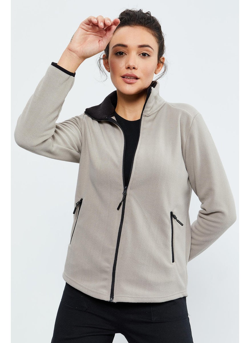 Dark Beige Stand Collar Zippered Comfortable Form Women's Polar Fleece Sweatshirt - 97173