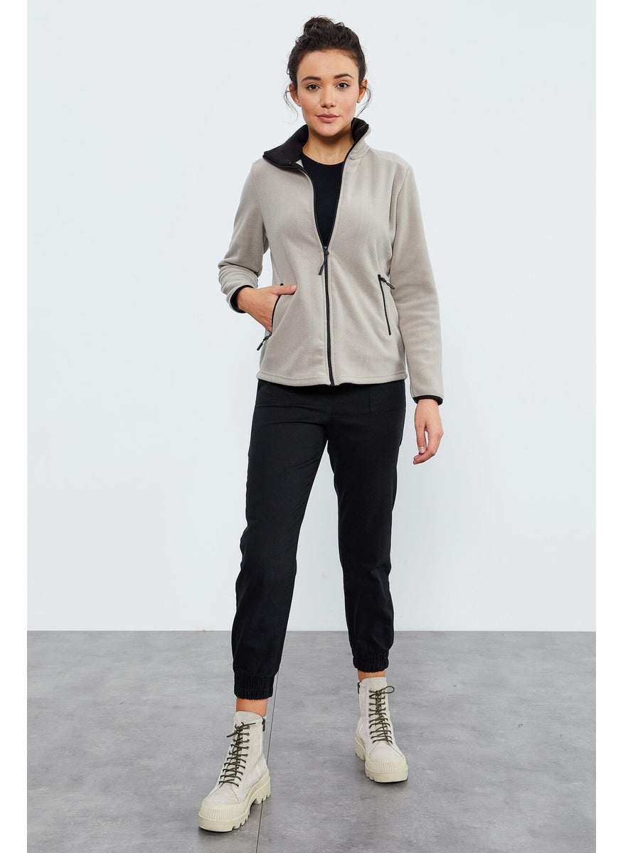 Dark Beige Stand Collar Zippered Comfortable Form Women's Polar Fleece Sweatshirt - 97173