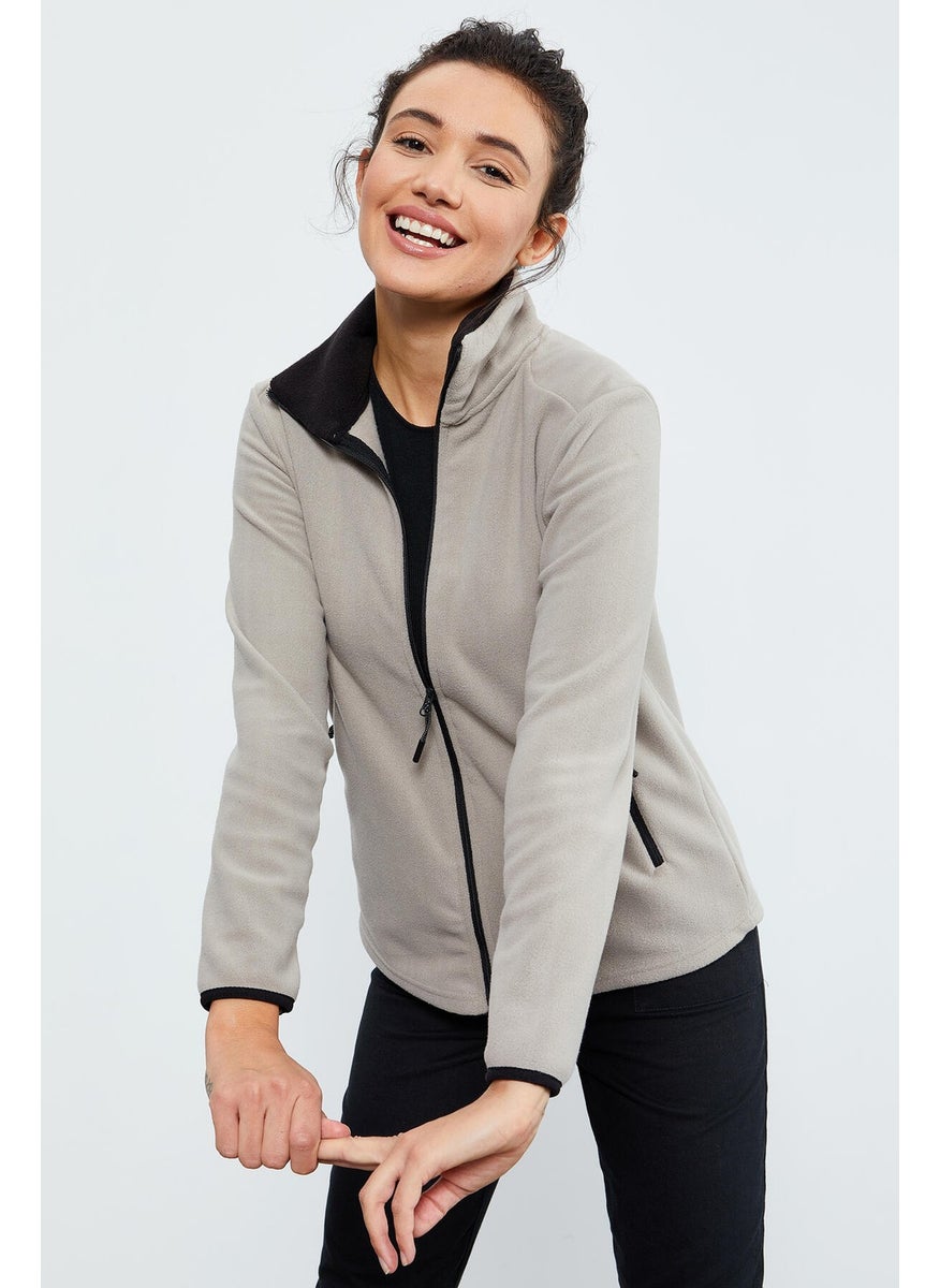 Dark Beige Stand Collar Zippered Comfortable Form Women's Polar Fleece Sweatshirt - 97173