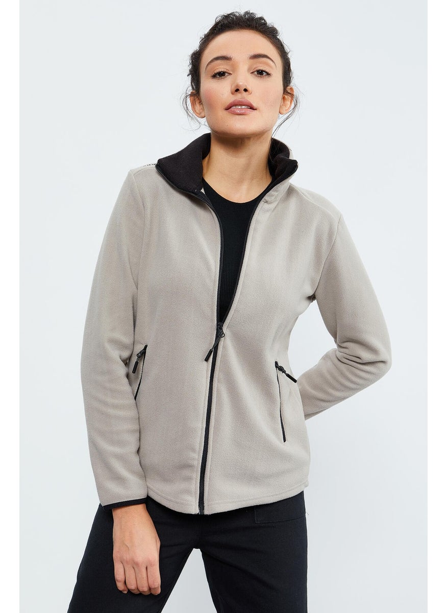 Dark Beige Stand Collar Zippered Comfortable Form Women's Polar Fleece Sweatshirt - 97173
