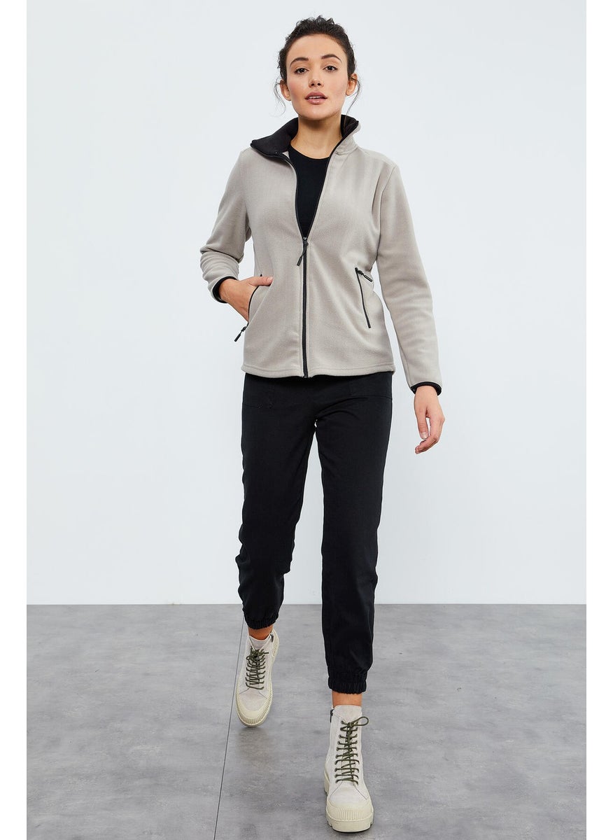 Dark Beige Stand Collar Zippered Comfortable Form Women's Polar Fleece Sweatshirt - 97173
