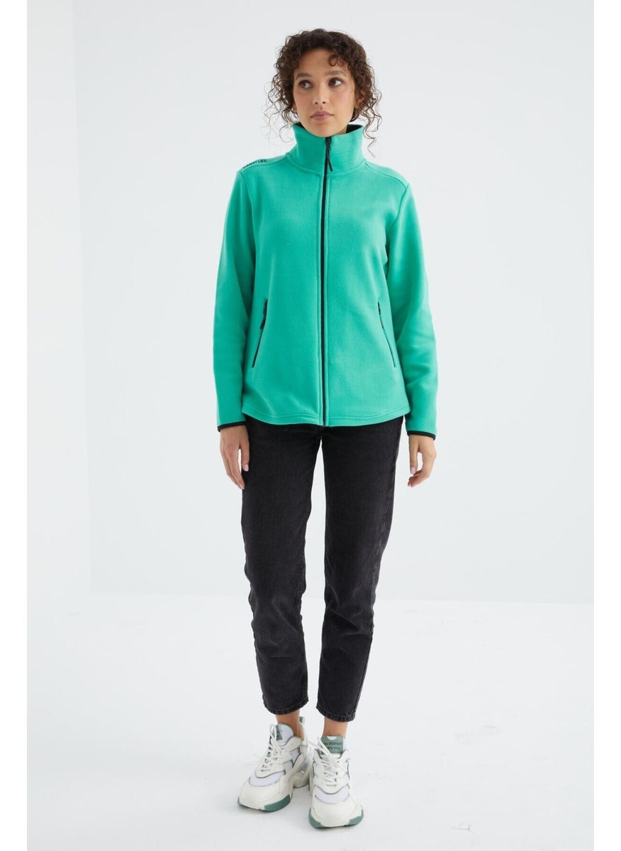 Sea Green Stand Collar Zippered Comfortable Form Women's Polar Sweatshirt - 97173