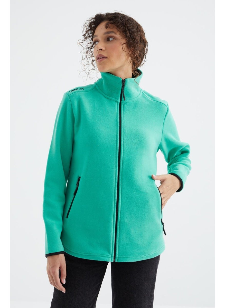 Sea Green Stand Collar Zippered Comfortable Form Women's Polar Sweatshirt - 97173