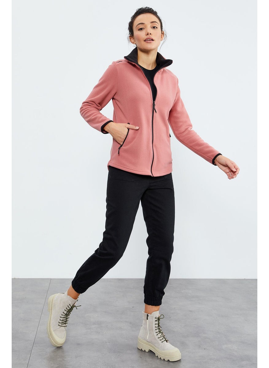 Wild Rose Stand Collar Zippered Comfortable Form Women's Polar Fleece Sweatshirt - 97173