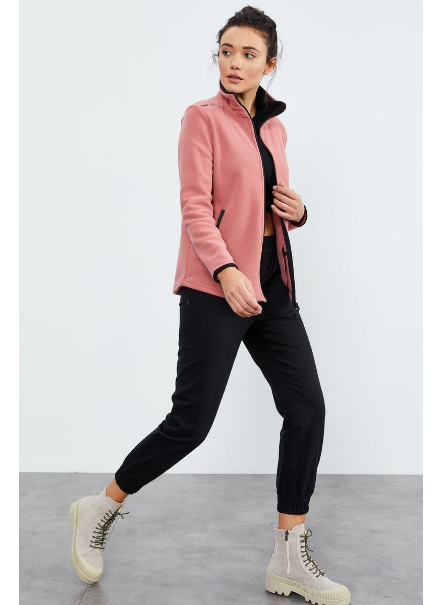Wild Rose Stand Collar Zippered Comfortable Form Women's Polar Fleece Sweatshirt - 97173
