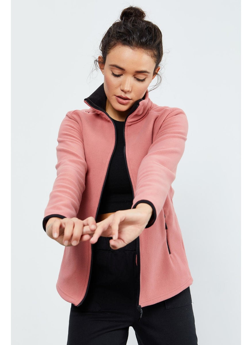 Wild Rose Stand Collar Zippered Comfortable Form Women's Polar Fleece Sweatshirt - 97173
