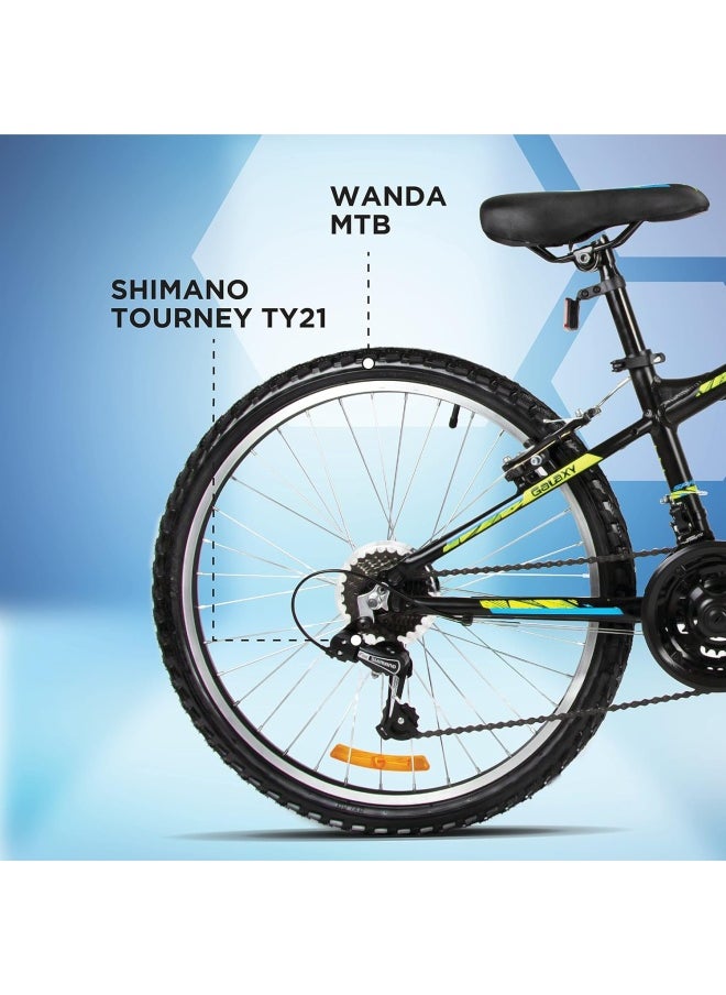 Galaxy Mountain Bicycle | 24 inch wheel size | 21 speed Shimano gears |For teens and adults |Black & Yellow