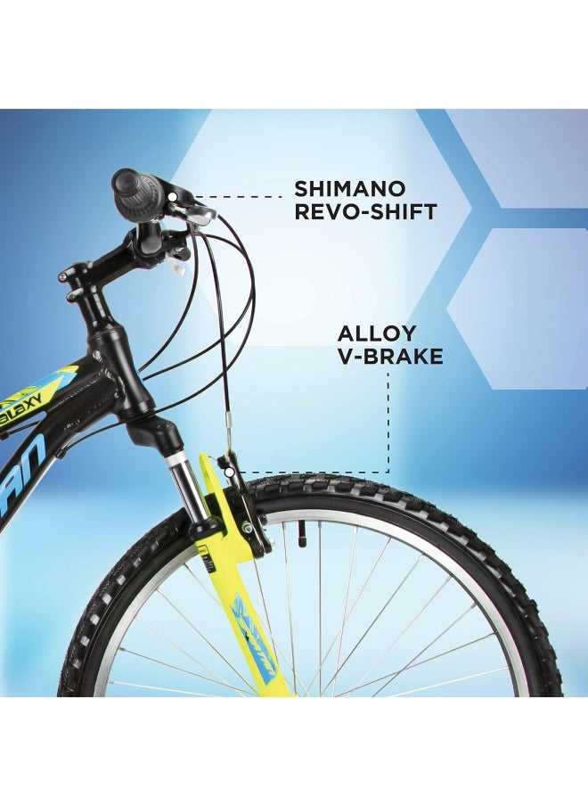 Galaxy Mountain Bicycle | 24 inch wheel size | 21 speed Shimano gears |For teens and adults |Black & Yellow
