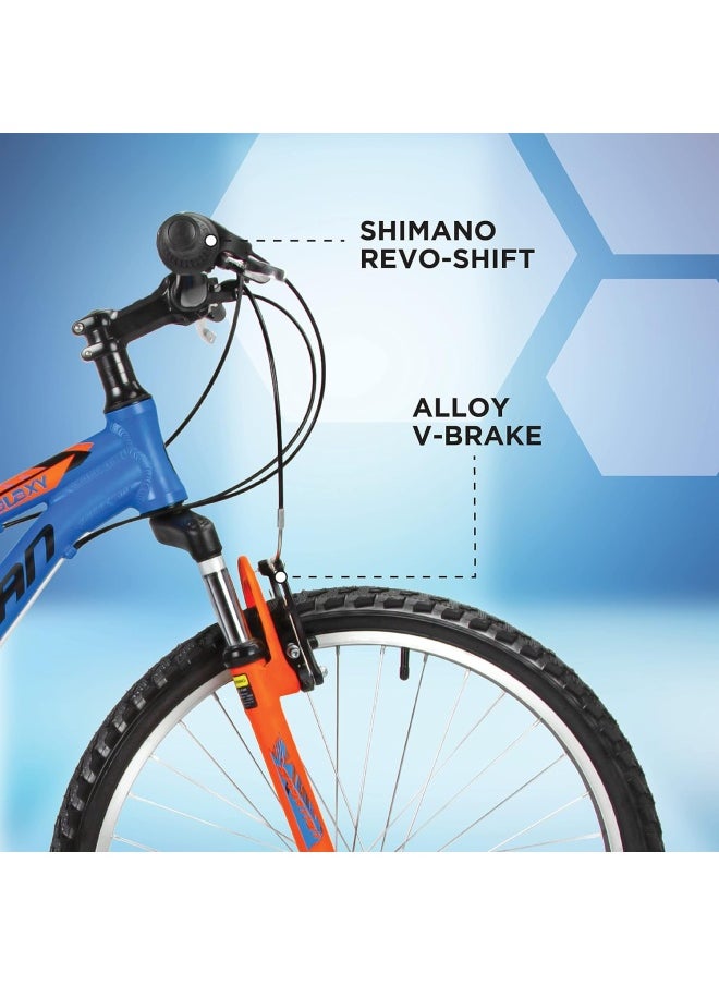 Galaxy Mountain Bicycle | 24 inch wheel size | 21 speed Shimano gears |For teens and adults |Blue & Orange