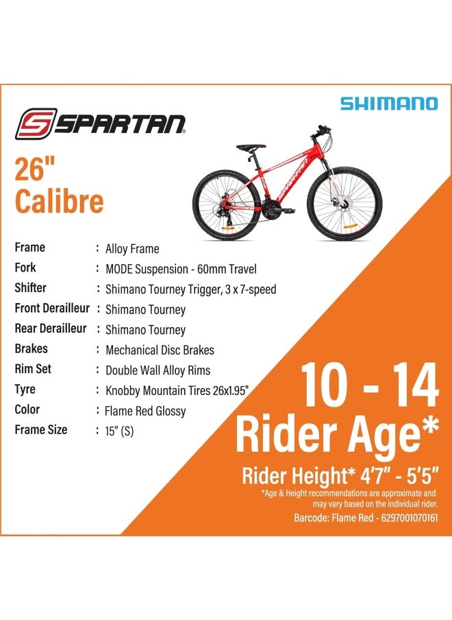 Calibre Hardtail Mountain Bicycle| 26 inch wheel size| 21 speed Shimano gear | For adults| Red