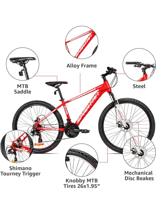 Calibre Hardtail Mountain Bicycle| 26 inch wheel size| 21 speed Shimano gear | For adults| Red