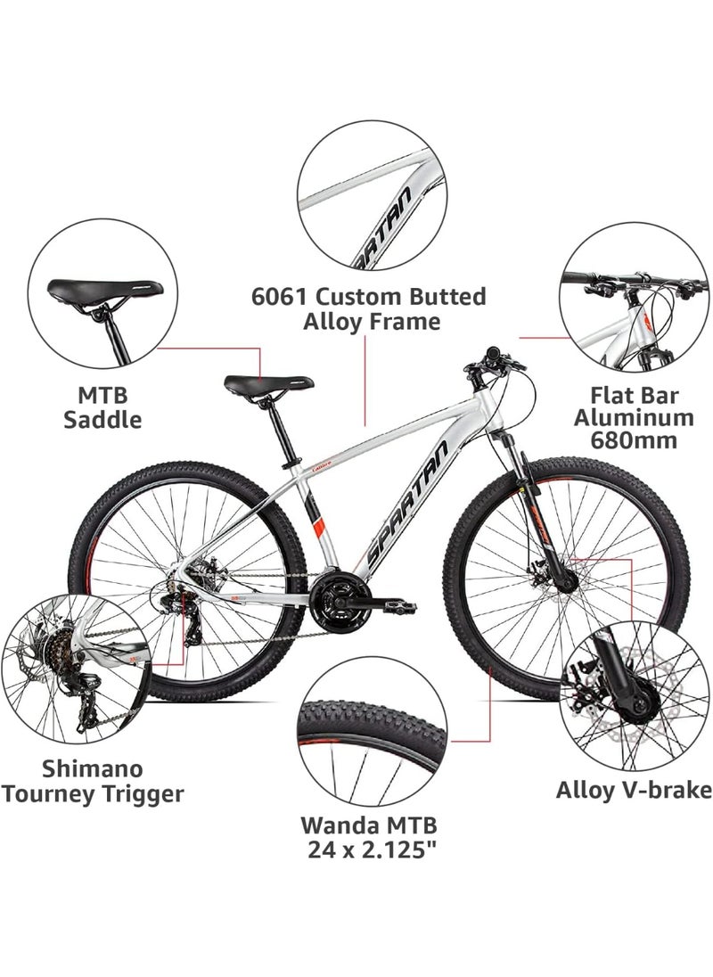 Calibre Hardtail Mountain Bicycle| 24 inch wheel size| 21 speed Shimano gear | For teens and adults| Satin Silver
