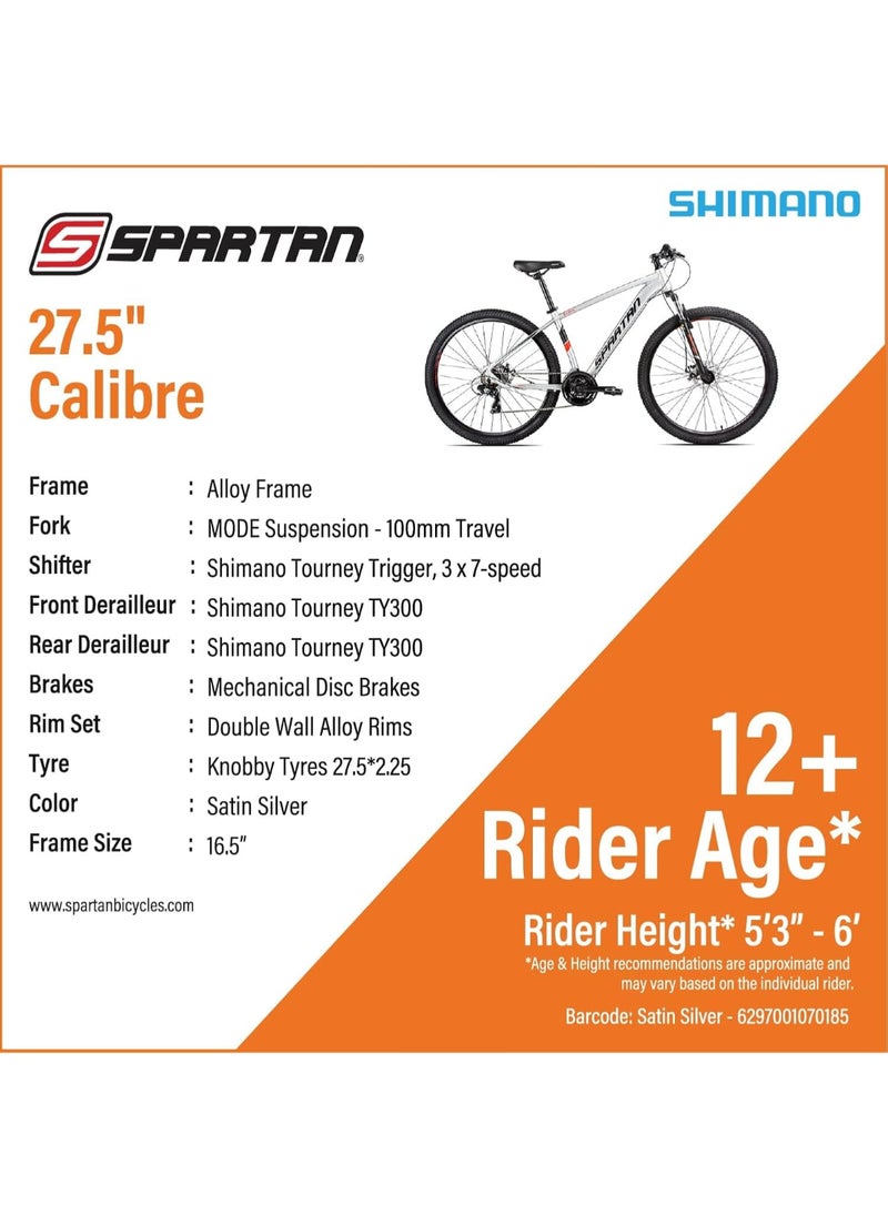 Calibre Hardtail Mountain Bicycle| 24 inch wheel size| 21 speed Shimano gear | For teens and adults| Satin Silver