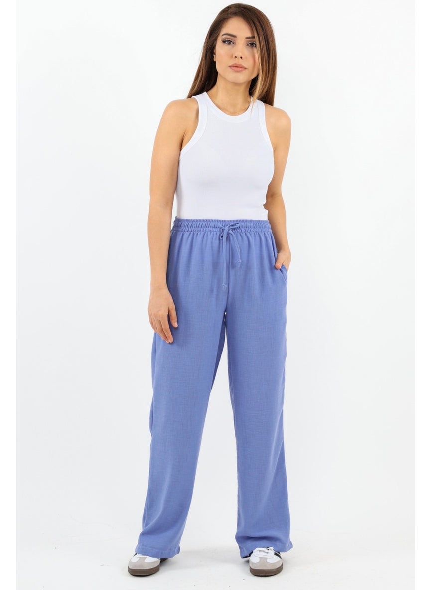 Women's Linen Comfy Lilac Straight Cut Elastic Waist Trousers