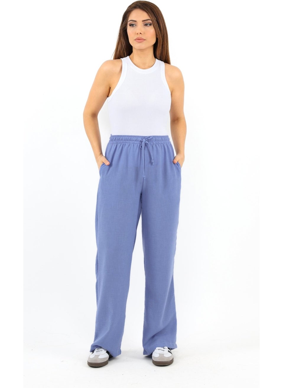 Women's Linen Comfy Lilac Straight Cut Elastic Waist Trousers