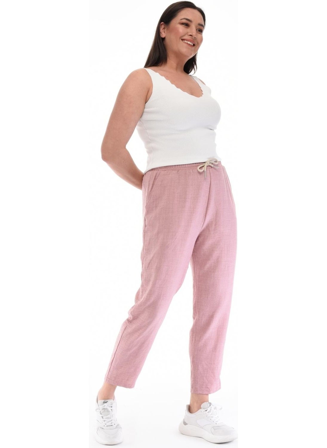 Women's Plus Size Synthetic Linen High Waist Elastic Skinny Leg Mom Pants C611