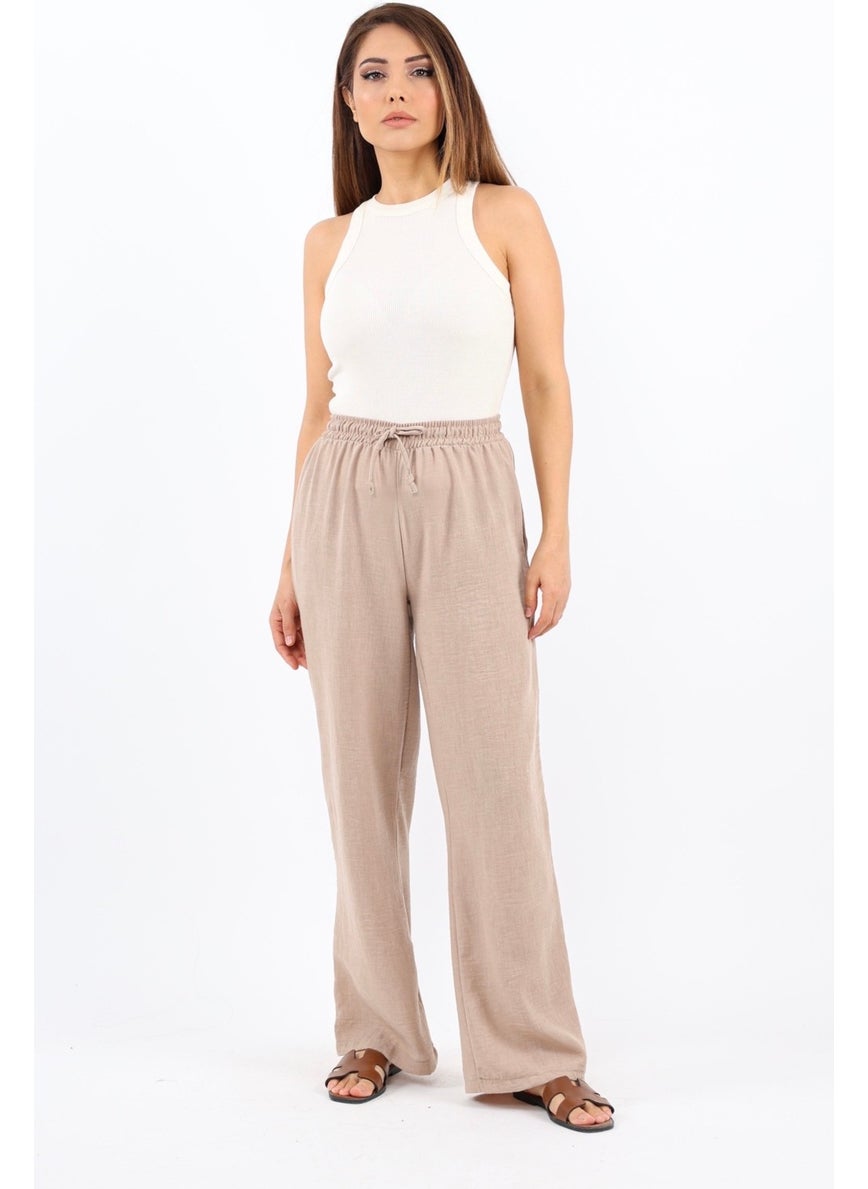 Women's Linen Comfy Beige Straight Cut Elastic Waist Trousers
