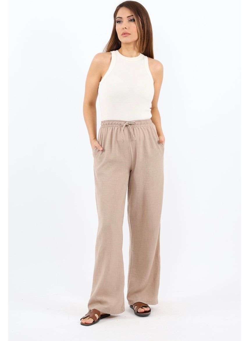Women's Linen Comfy Beige Straight Cut Elastic Waist Trousers