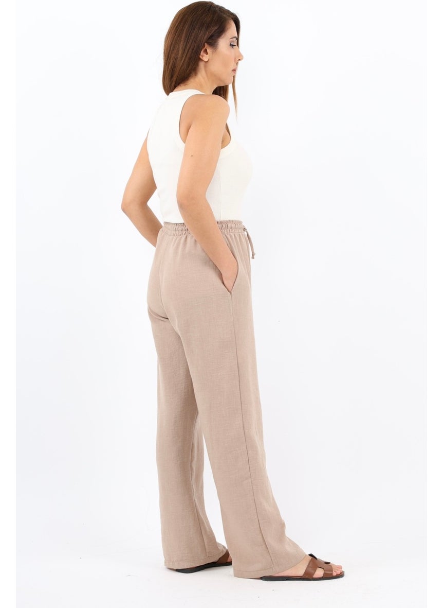 Women's Linen Comfy Beige Straight Cut Elastic Waist Trousers