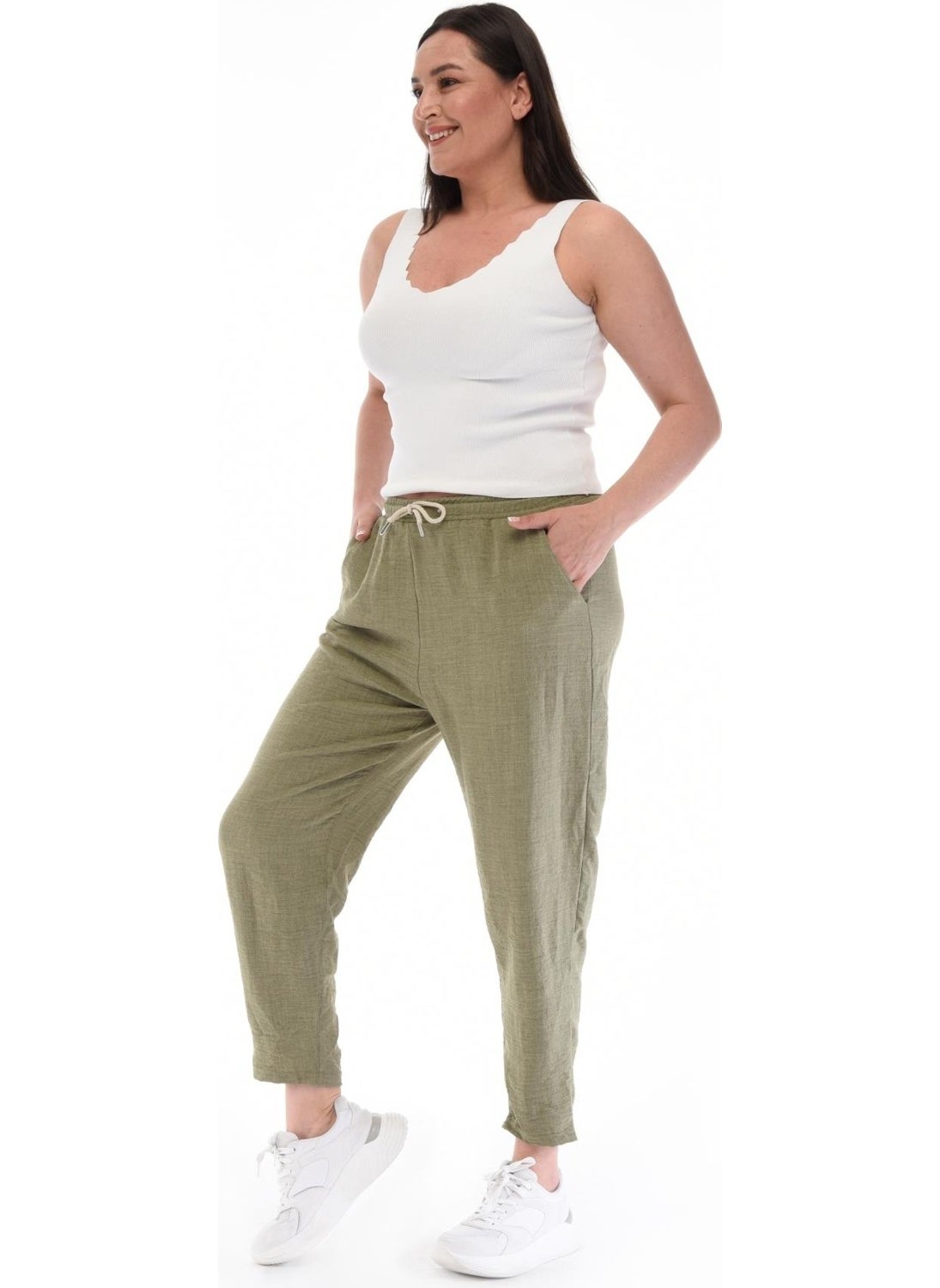 Women's Plus Size Synthetic Linen High Waist Elastic Skinny Leg Mom Pants C611