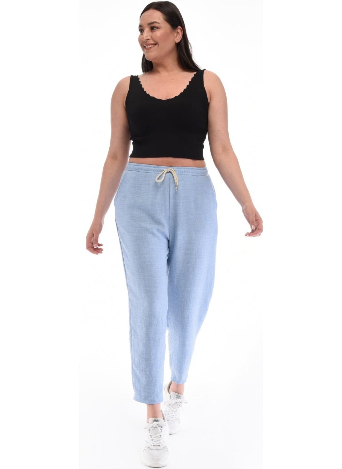 Women's Plus Size Synthetic Linen High Waist Elastic Skinny Leg Mom Pants C611