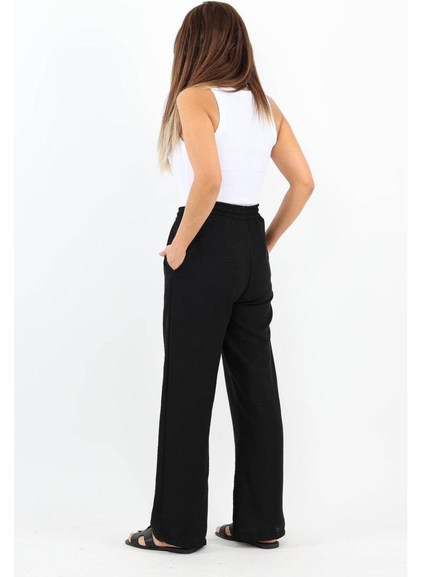 Women's Linen Comfy Black Straight Cut Elastic Waist Trousers